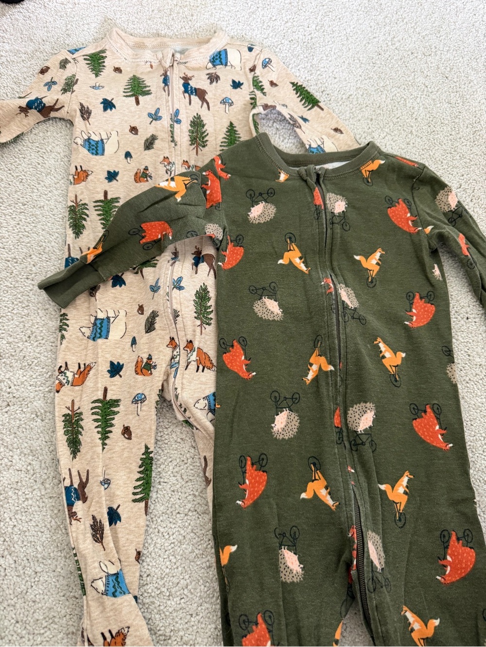 Old Navy Olive and Cream Woodland Zip One-Pieces